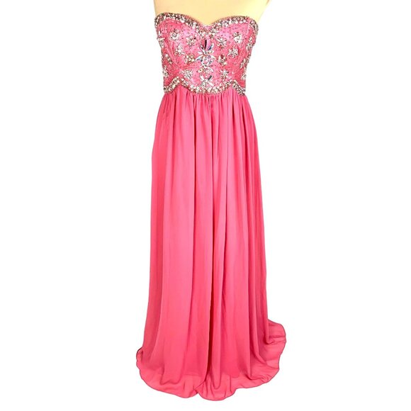 Strapless Pink Gown 8 Crystal Beaded Flowing Chiffon Prom Pageant Formal Dress - Picture 2 of 10